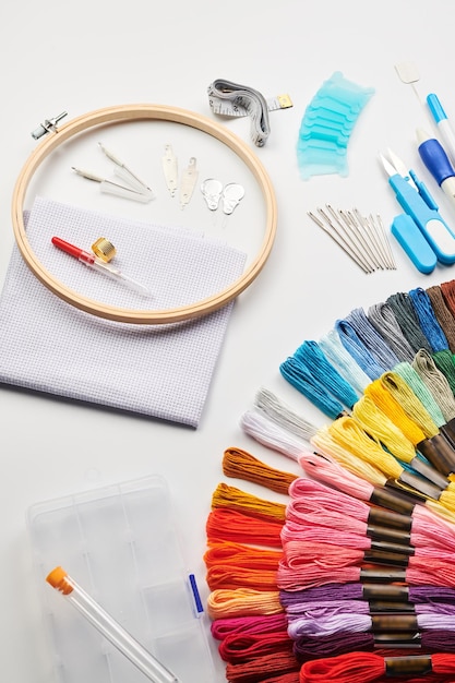 assorted embroidery kits on table
